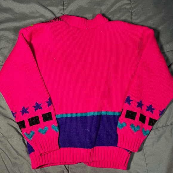 Vintage 80s Girls Pink Knit Cardigan Sweater Retro Novelty ABC 123 - Picture 4 of 6